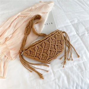 Paper Rope Crocheted Flower Tassel Waist Straw Bag