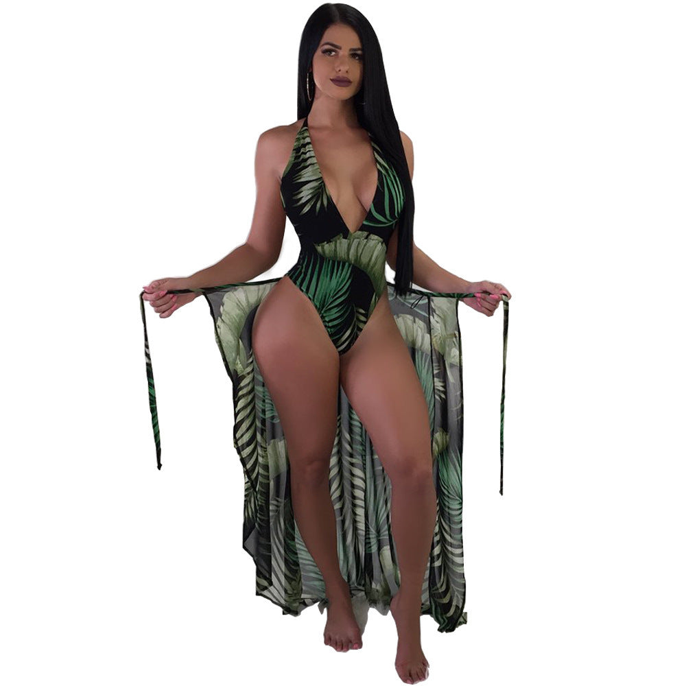 Leaf print one-piece swimsuit-Aria Doejay