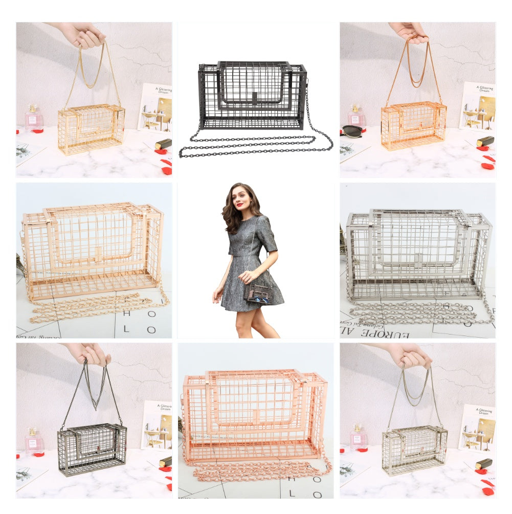 Metal hollow shoulder bag European and American fashion clutch iron mesh chain messenger dinner bag-Aria Doejay