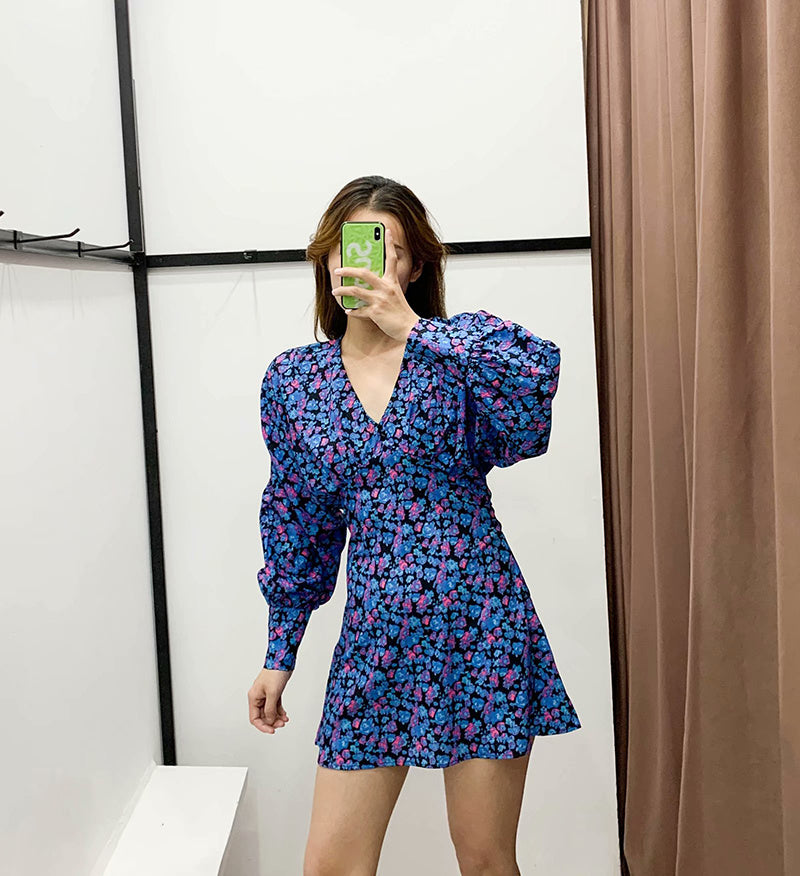 New women's French style new wide-sleeved floral dress-Aria Doejay