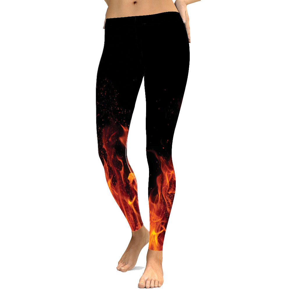 Flame Black Print Cropped Pants High Waist Sports Plus Size Leggings