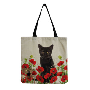 Cat Printed Cotton And Linen Shopping Bag