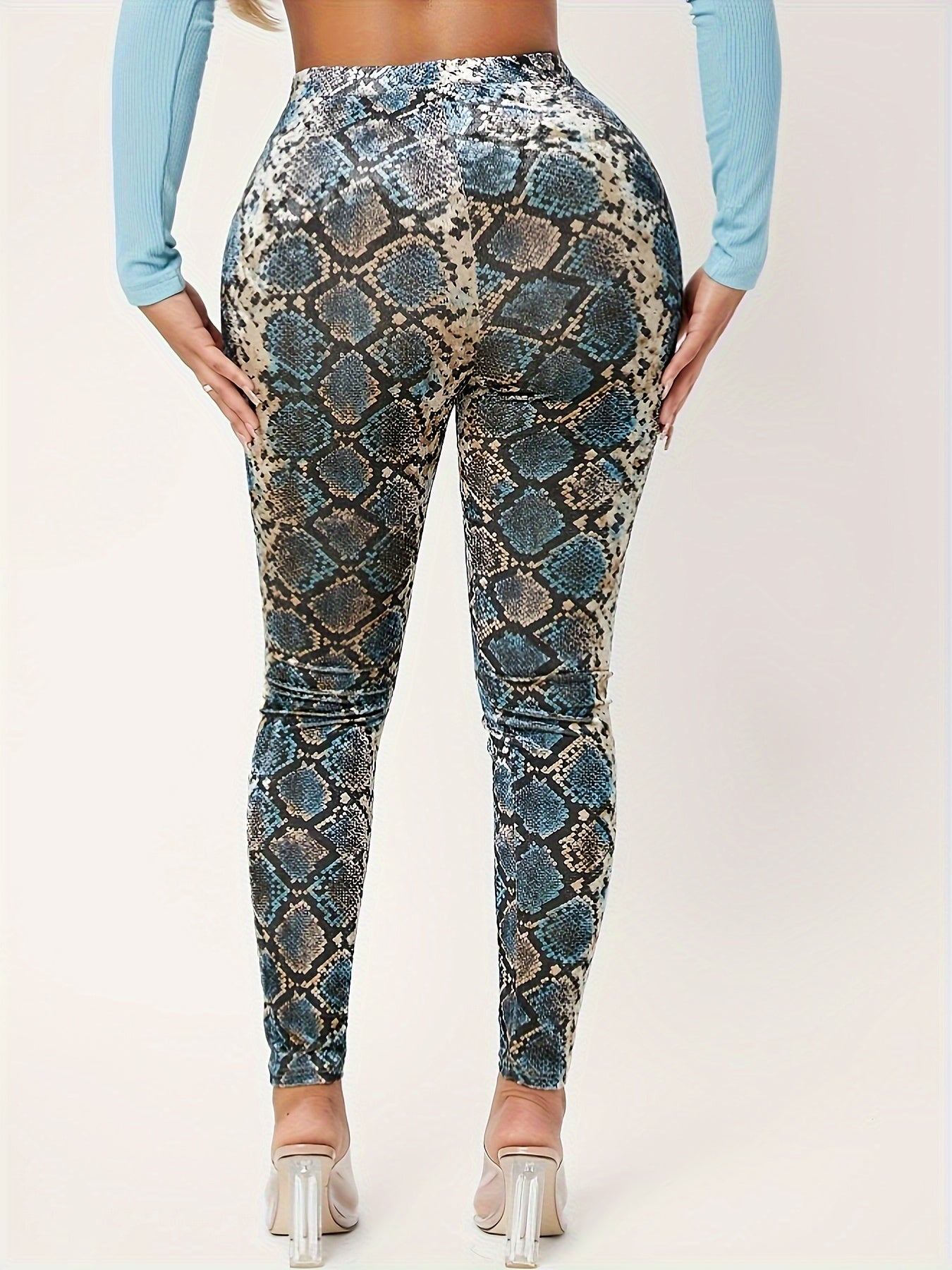 Elegant Polyester Snake Print Leggings - High Waist, Mid-Stretch, Knit Fabric, All-Season Comfort