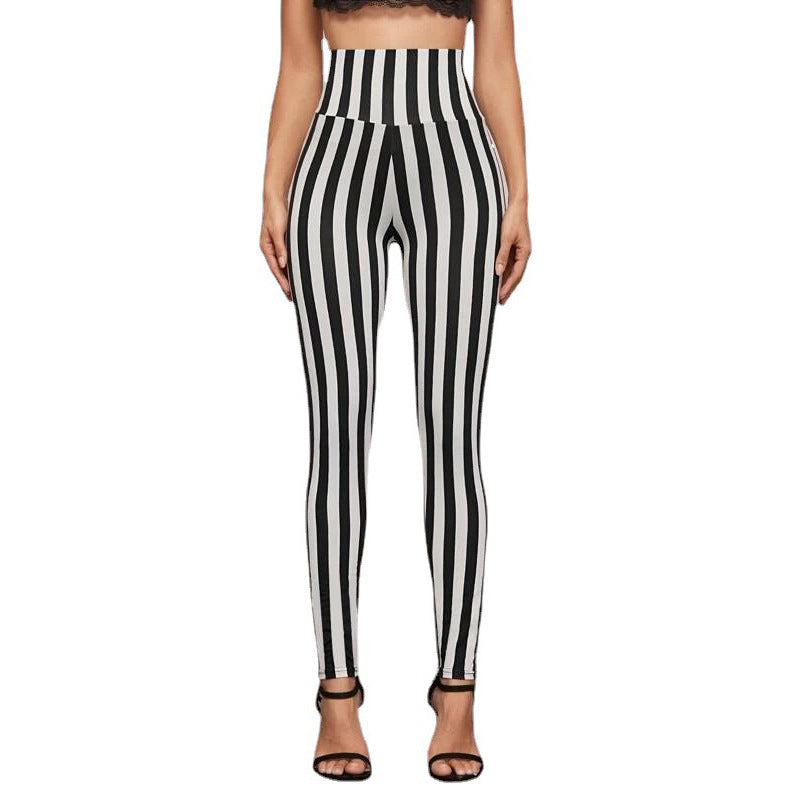 Vertical Stripes High Waist Leggings Cropped Skinny Pants-Aria Doejay