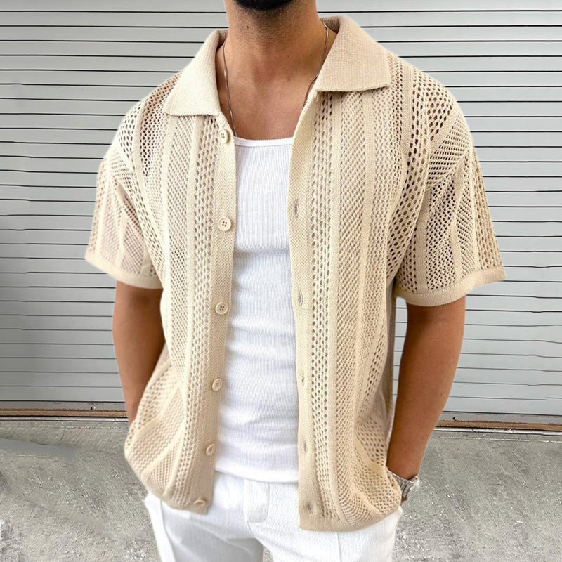 Men's Thin Sweater Lapel Short Sleeve Hollow Cardigan-Aria Doejay