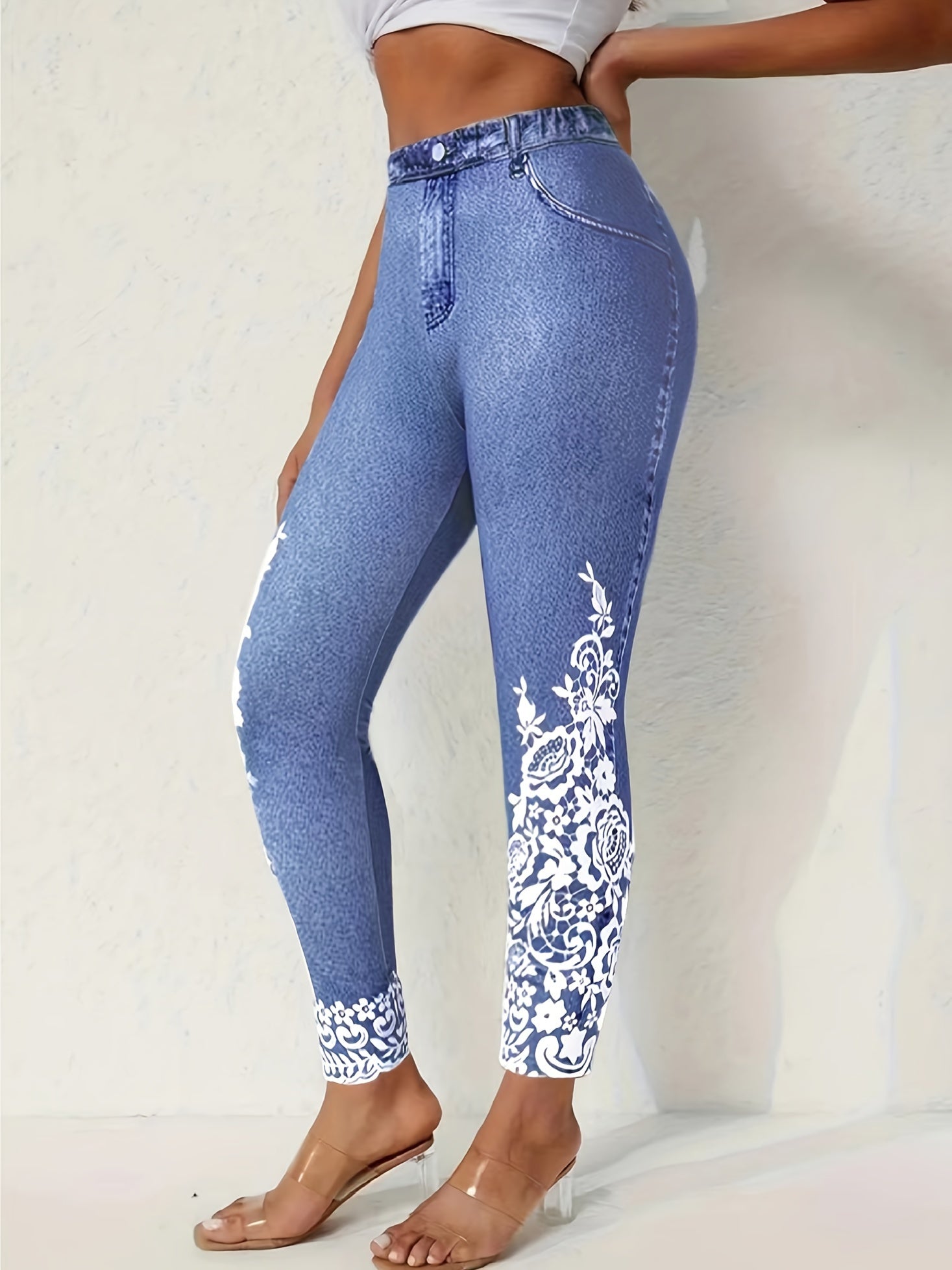 [Top-Rated] Women's Plus Size Floral Print Stretchy Leggings - Faux Denim, Breathable & Comfortable for Sports and Casual Wear