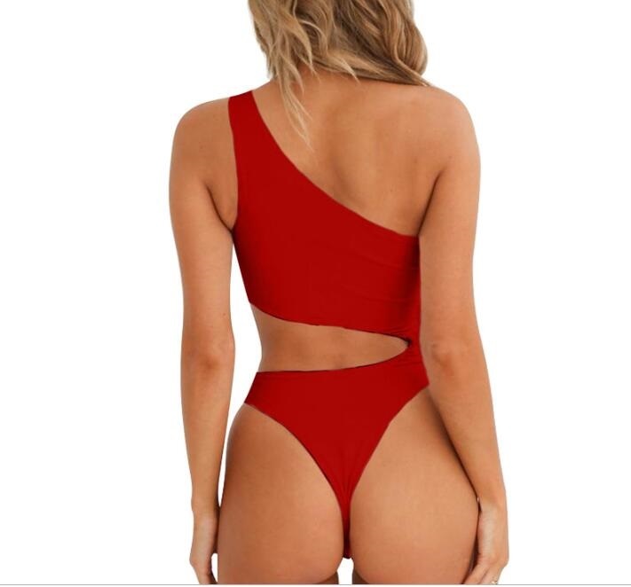 New hollow irregular waist single shoulder solid color wrapped chest bikini one-piece swimsuit female-Aria Doejay