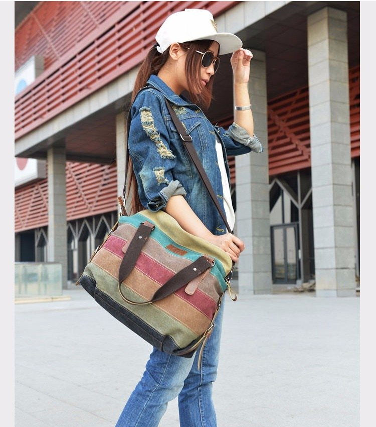 KVKY Brand Fashion Canvas Bag Brand Women Handbag Classic Patchwork Casual Female Shoulder Bags Striped Rainbow Purse Pouch-Aria Doejay