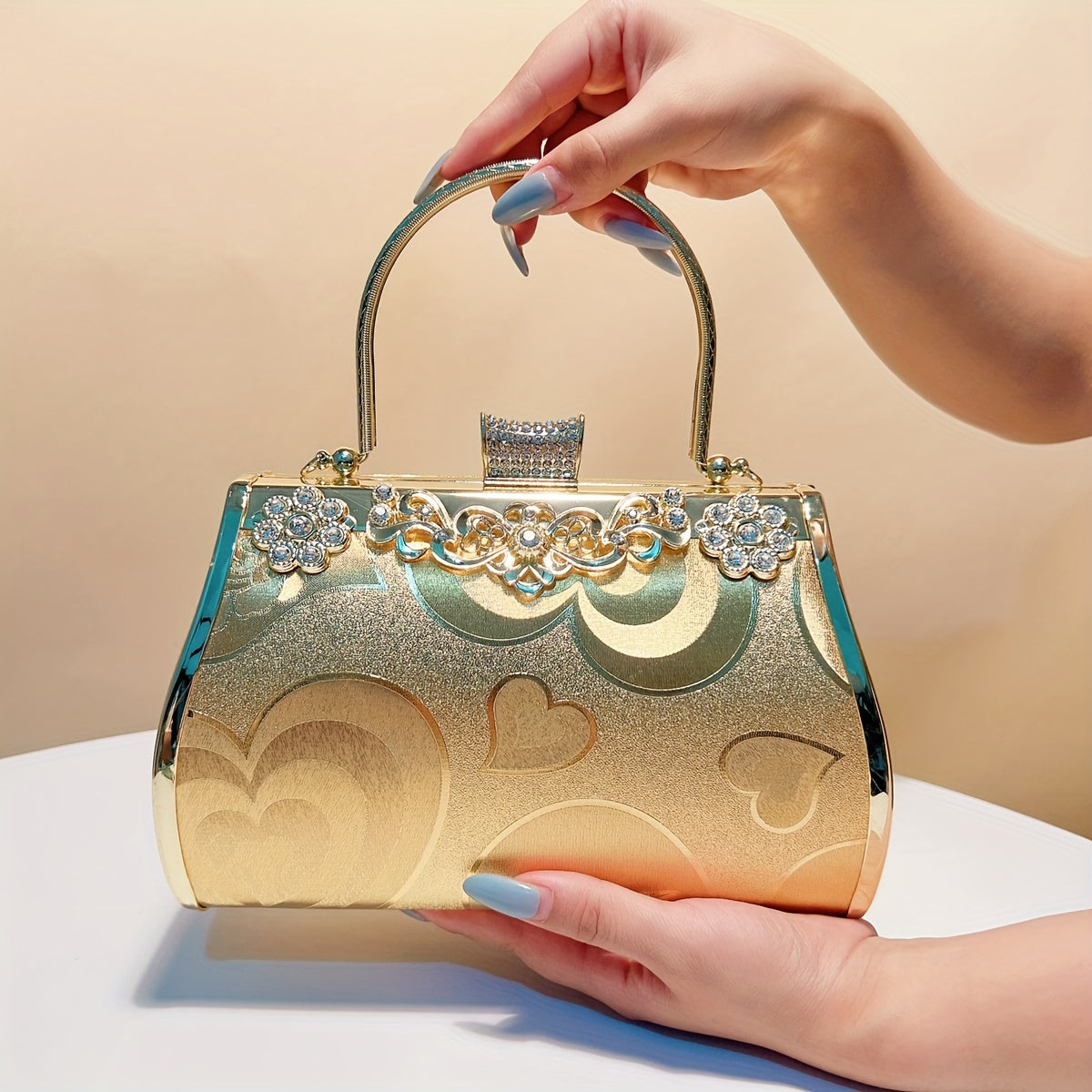 Elegant Golden Evening Clutch Bag with Glitter, Faux Leather Metal Handbag with Rhinestone and Pearl Embellishment, Buckle Closure, Polyester Lined, Lightweight with Fixed Shoulder Straps for Party - Guangzhou