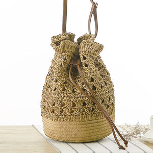 New Hollow Bucket Woven Bag Shoulder Beach Bag Seaside Vacation Straw Bag Female Bag