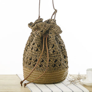 New Hollow Bucket Woven Bag Shoulder Beach Bag Seaside Vacation Straw Bag Female Bag