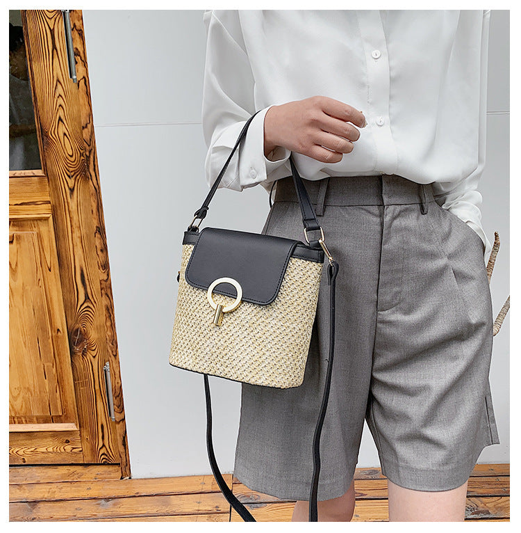 Lock Straw Woven Bag, Portable Bucket Bag, Shoulder Messenger Bag