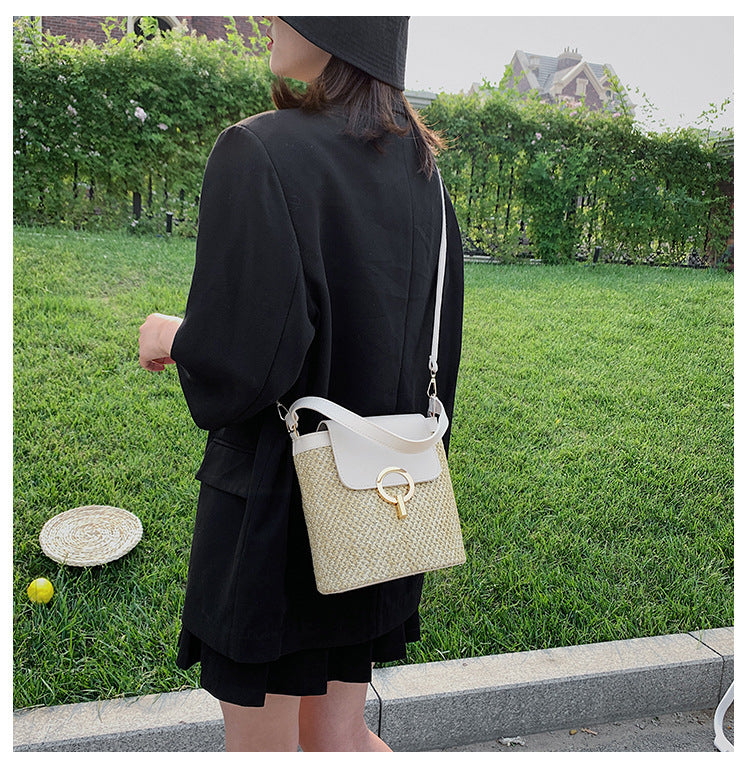 Lock Straw Woven Bag, Portable Bucket Bag, Shoulder Messenger Bag