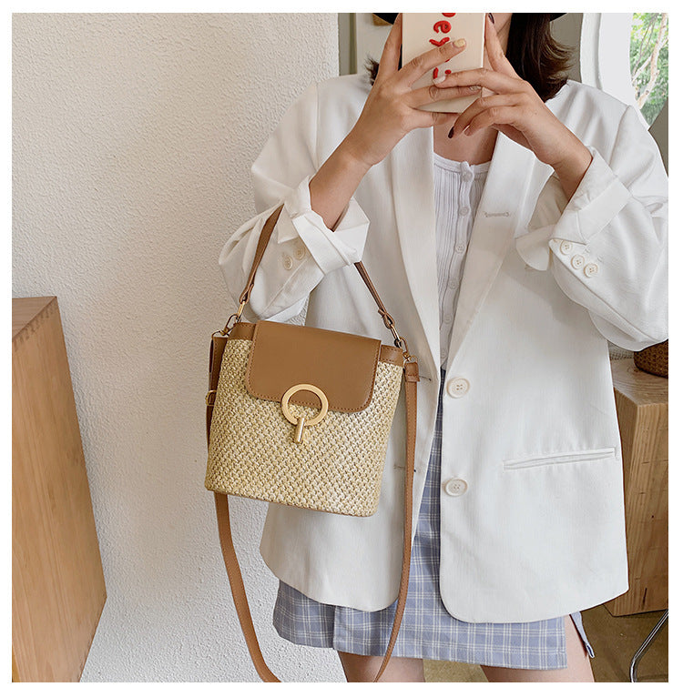 Lock Straw Woven Bag, Portable Bucket Bag, Shoulder Messenger Bag