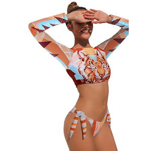 New Leopard Print Bikini Women'S Long Sleeve Sunscreen Swimsuit Bandage Swimsuit Split-Aria Doejay