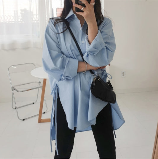 Lace-up Split Large Size Shirt Female Design Sense Niche Retro Hong Kong FlavorLoose Irregular Spring And Autumn New Arrival-Aria Doejay