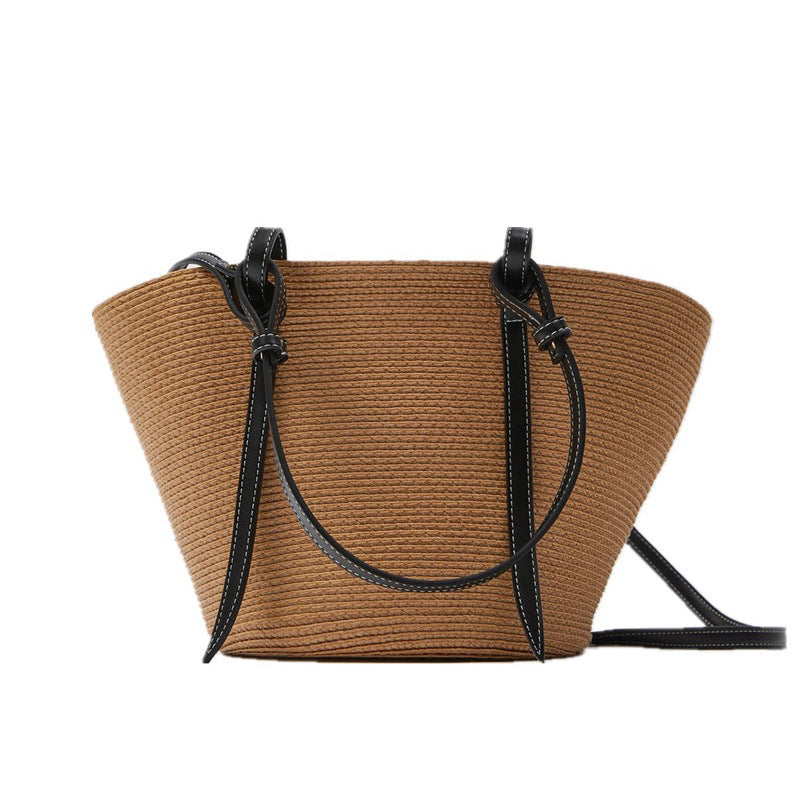 New Color Matching Basket Type Large Capacity Hand Woven Straw Bag Women'S Fashion Seaside Holiday Beach Bag