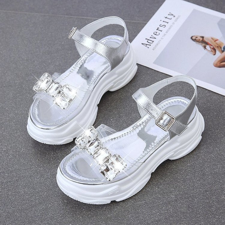 Jewelry Wedge Heel Transparent Rhinestones Sandals-Aria Doejay