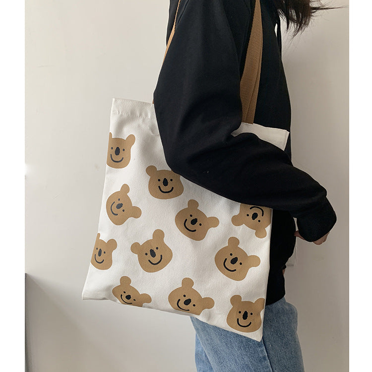 New Canvas Shoulder Shopper Bag for Women Girl Cartoon Bear White Female Handbags Cloth Shopping Bags Ladies Tote Beach Bag-Aria Doejay