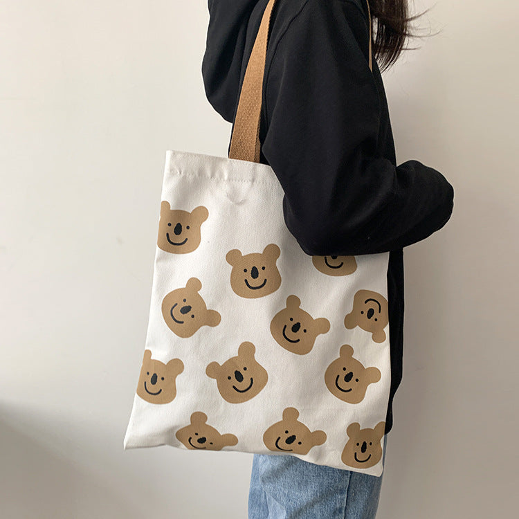 New Canvas Shoulder Shopper Bag for Women Girl Cartoon Bear White Female Handbags Cloth Shopping Bags Ladies Tote Beach Bag-Aria Doejay