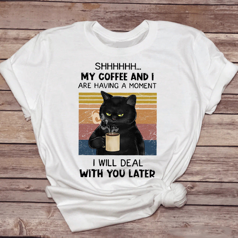 Female Tshirt Clothing Pet-Drinking-Coffee Funny Cat Tops-Aria Doejay