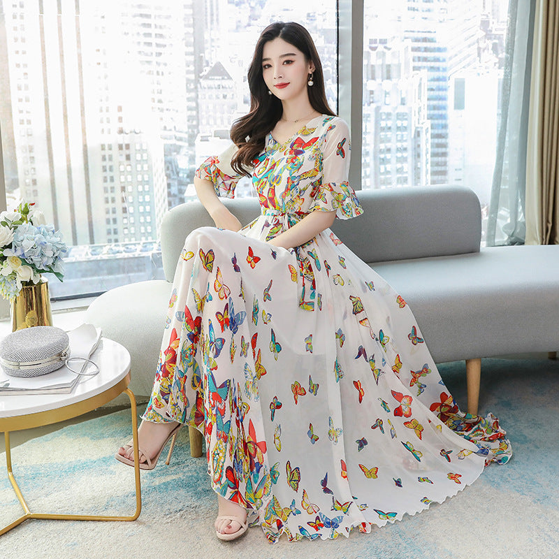 Summer New Arrival Elegant V Collar Flare Sleeve Butterfly Printed Women Chiffon Long Dress Plus Size M-4XL-Aria Doejay