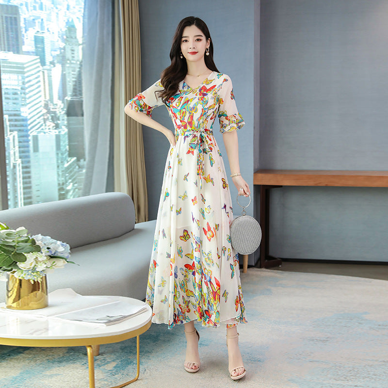 Summer New Arrival Elegant V Collar Flare Sleeve Butterfly Printed Women Chiffon Long Dress Plus Size M-4XL-Aria Doejay