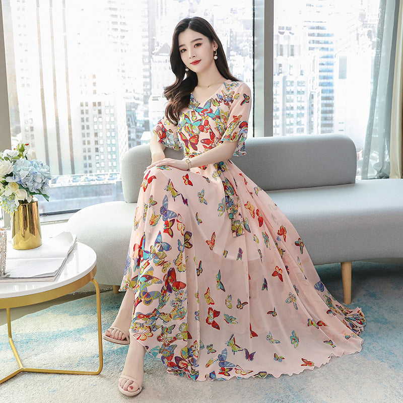 Summer New Arrival Elegant V Collar Flare Sleeve Butterfly Printed Women Chiffon Long Dress Plus Size M-4XL-Aria Doejay