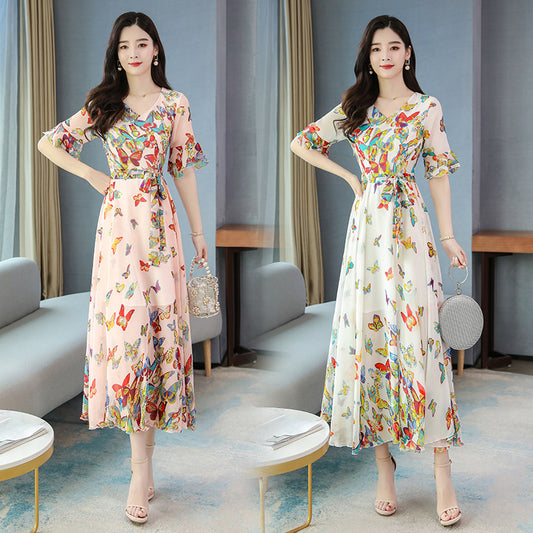 Summer New Arrival Elegant V Collar Flare Sleeve Butterfly Printed Women Chiffon Long Dress Plus Size M-4XL-Aria Doejay