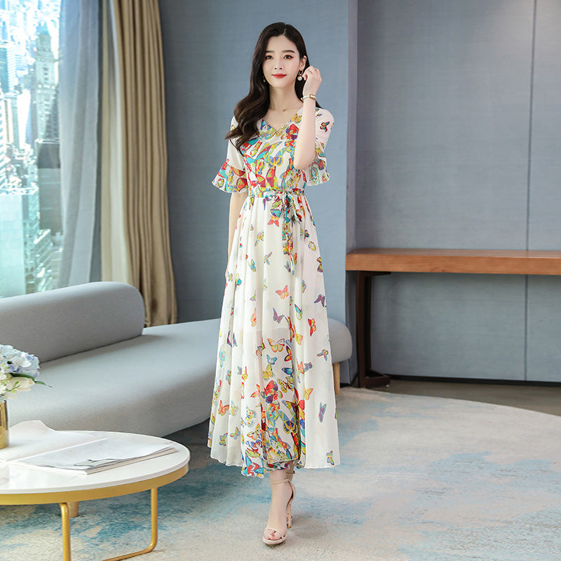 Summer New Arrival Elegant V Collar Flare Sleeve Butterfly Printed Women Chiffon Long Dress Plus Size M-4XL-Aria Doejay