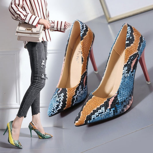 Pointed Toe Color Matching Snake Print Stiletto High-heeled Shoes For Foreign Trade Women-Aria Doejay