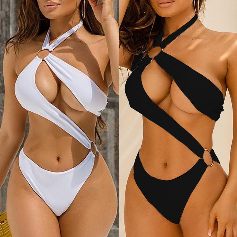 New Sexy One-piece Three-color Hollow Metal Ring Strap Bikini Swimsuit-Aria Doejay