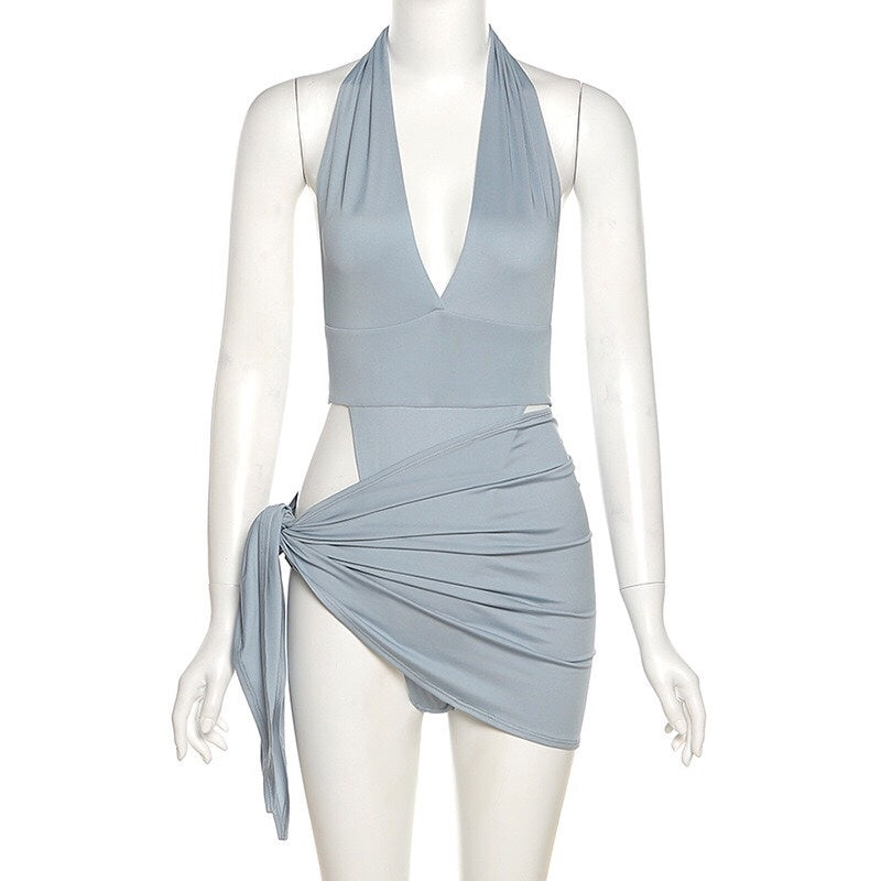 Gray-blue Two-piece Swimsuit With Snap Button To Wear Outside Swimsuit-Aria Doejay