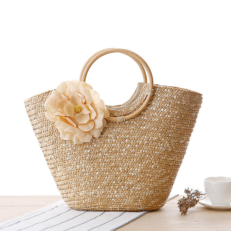 New rattan handle woven bag Flower handkerchief straw bag beach bag