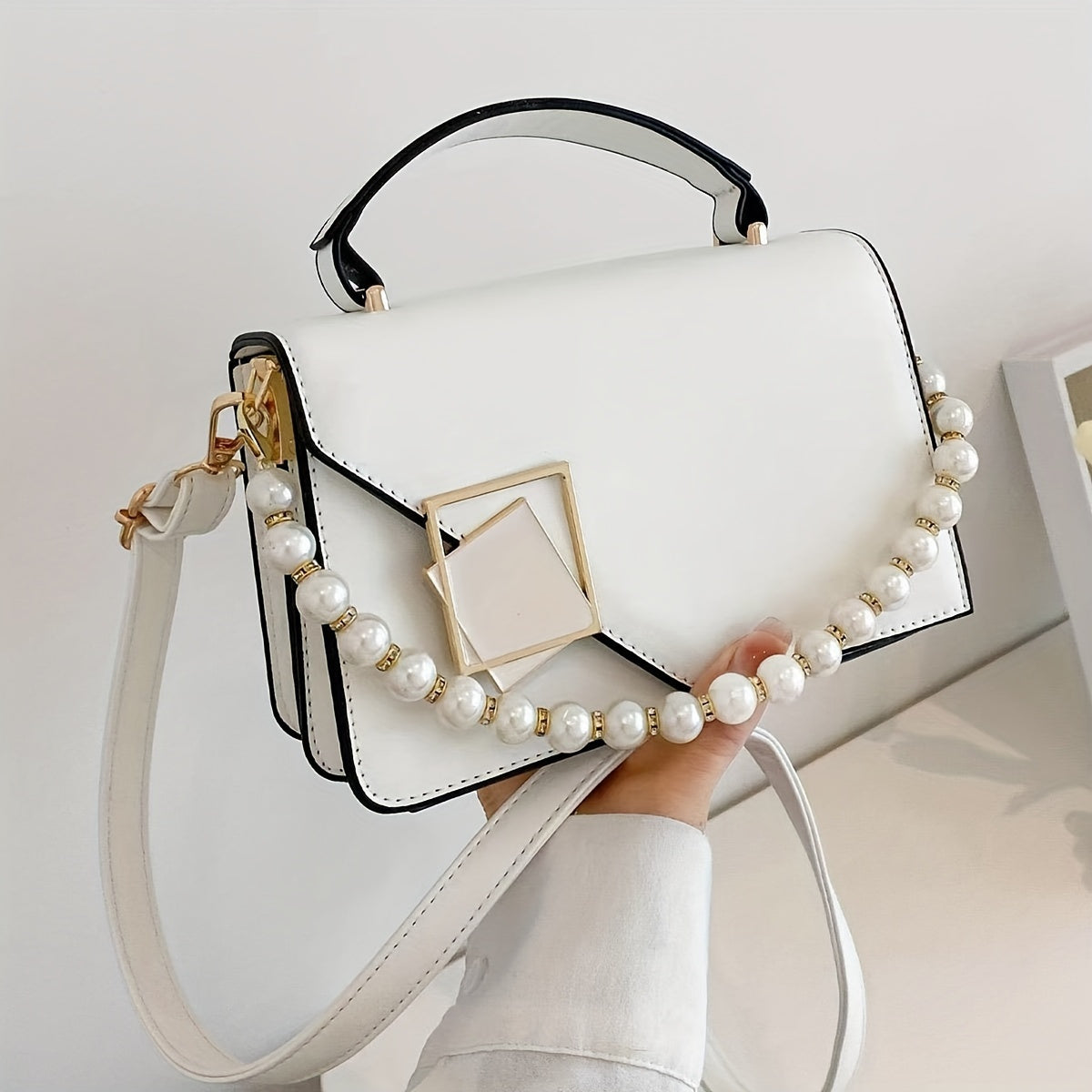 Fashion-Forward Square Shoulder Bag - Durable & Chic Faux Pearl Chain Crossbody Purse for Women - Glamorous Everyday Accessory