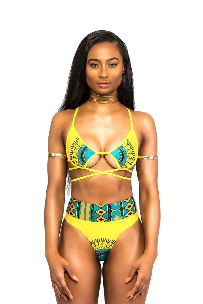 African Print Two-Pieces Bath Suits Bikini Set Sexy Geometric Swimwear Swimsuit Golden High Waist Swimming Suit-Aria Doejay