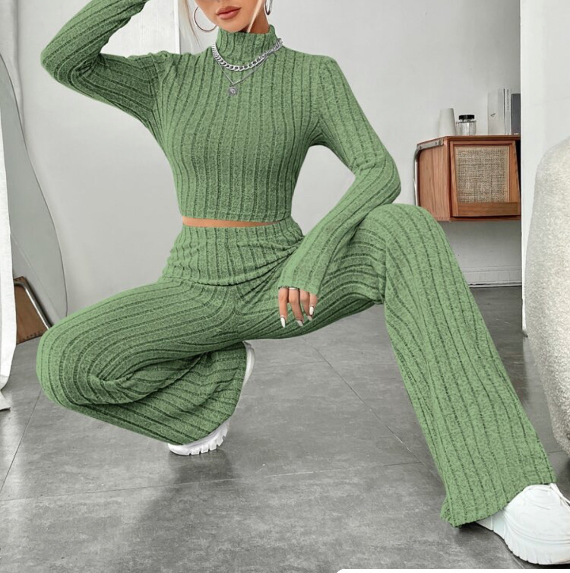 Long Sleeve Turtlenecks Wide Leg High Waist Trousers Suit-Aria Doejay