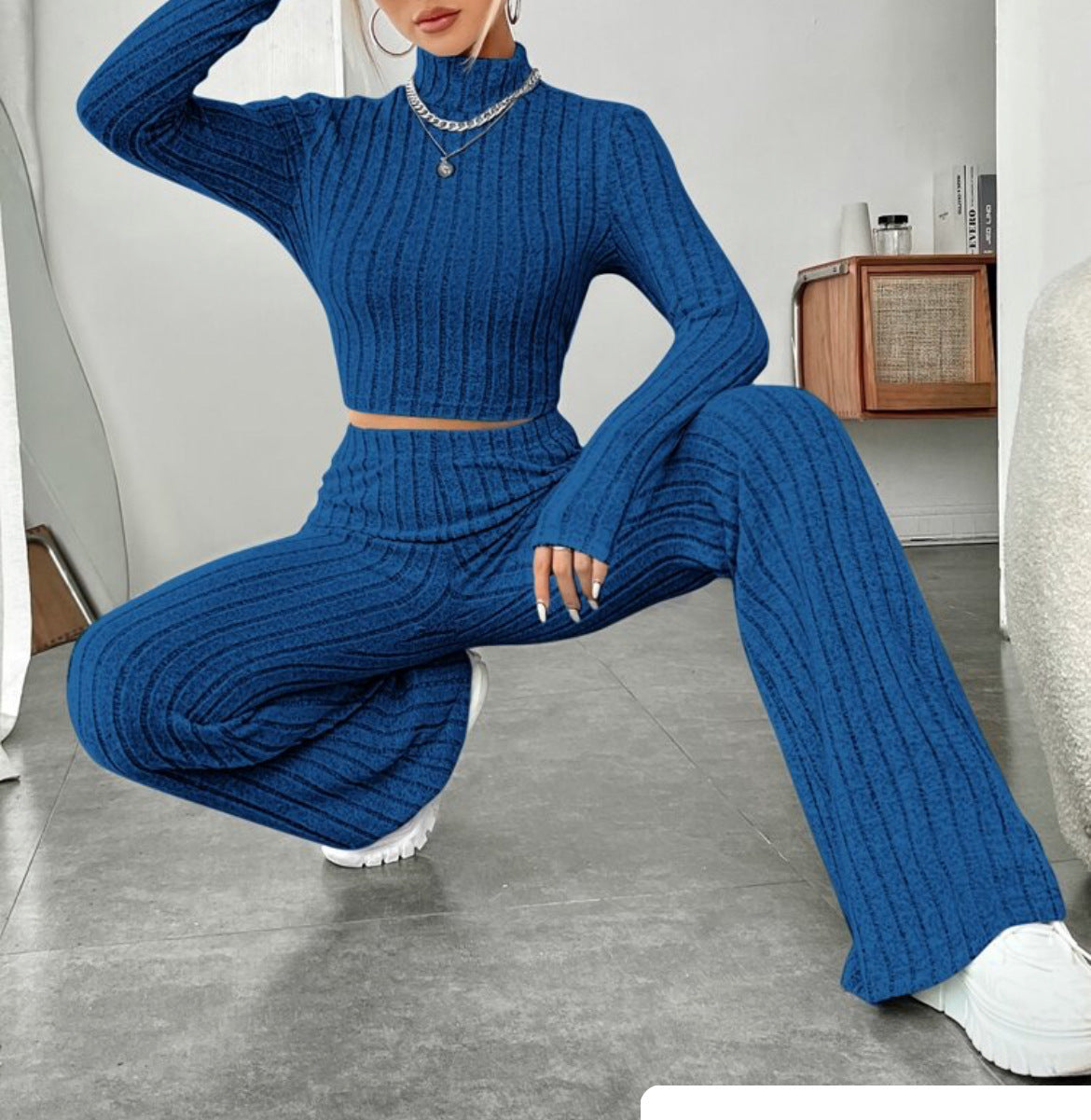 Long Sleeve Turtlenecks Wide Leg High Waist Trousers Suit-Aria Doejay