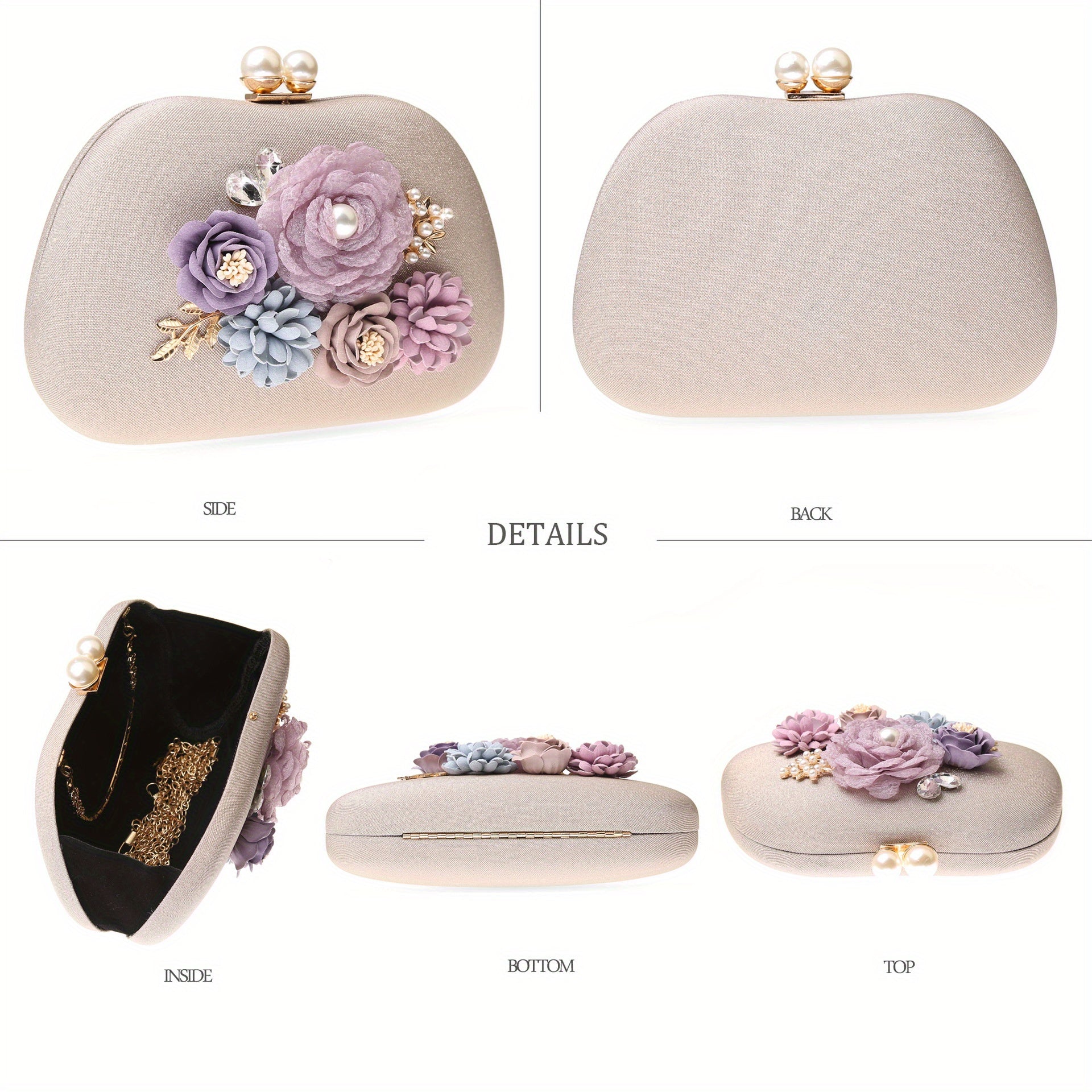 Floral Evening Handbag, Shoulder Bag With Detachable Chain Strap, Elegant Crossbody Bag With Clasp Closure