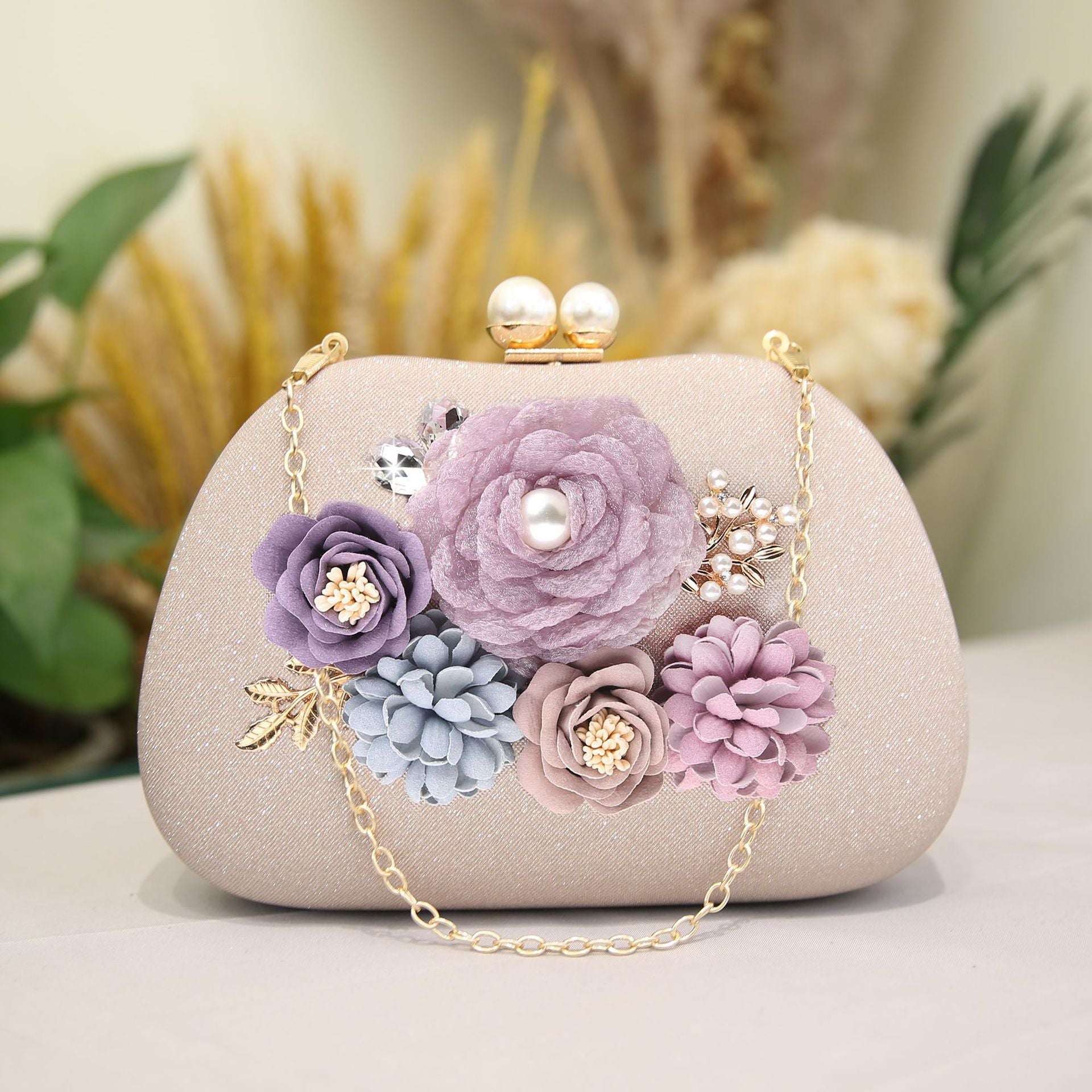 Floral Evening Handbag, Shoulder Bag With Detachable Chain Strap, Elegant Crossbody Bag With Clasp Closure