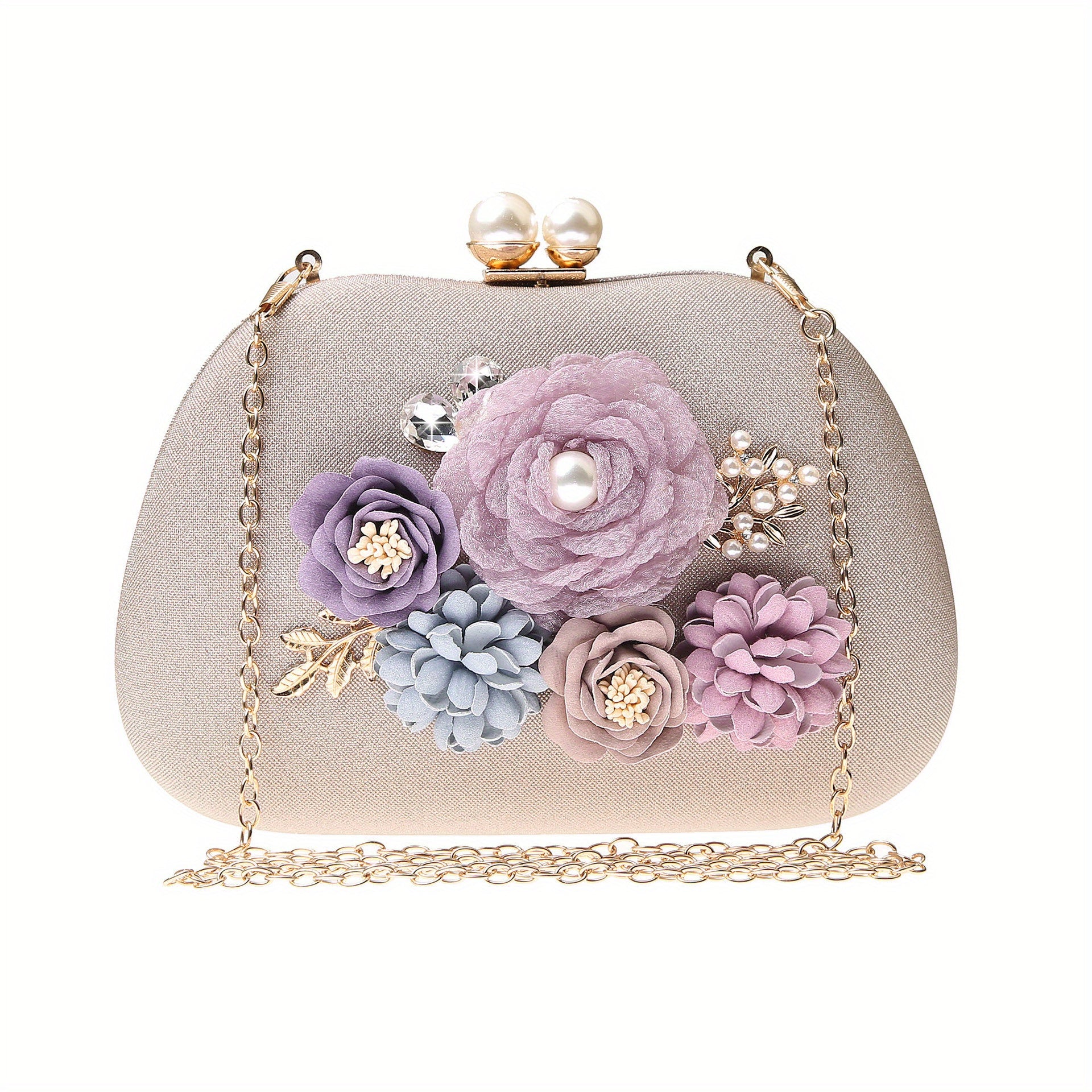 Floral Evening Handbag, Shoulder Bag With Detachable Chain Strap, Elegant Crossbody Bag With Clasp Closure