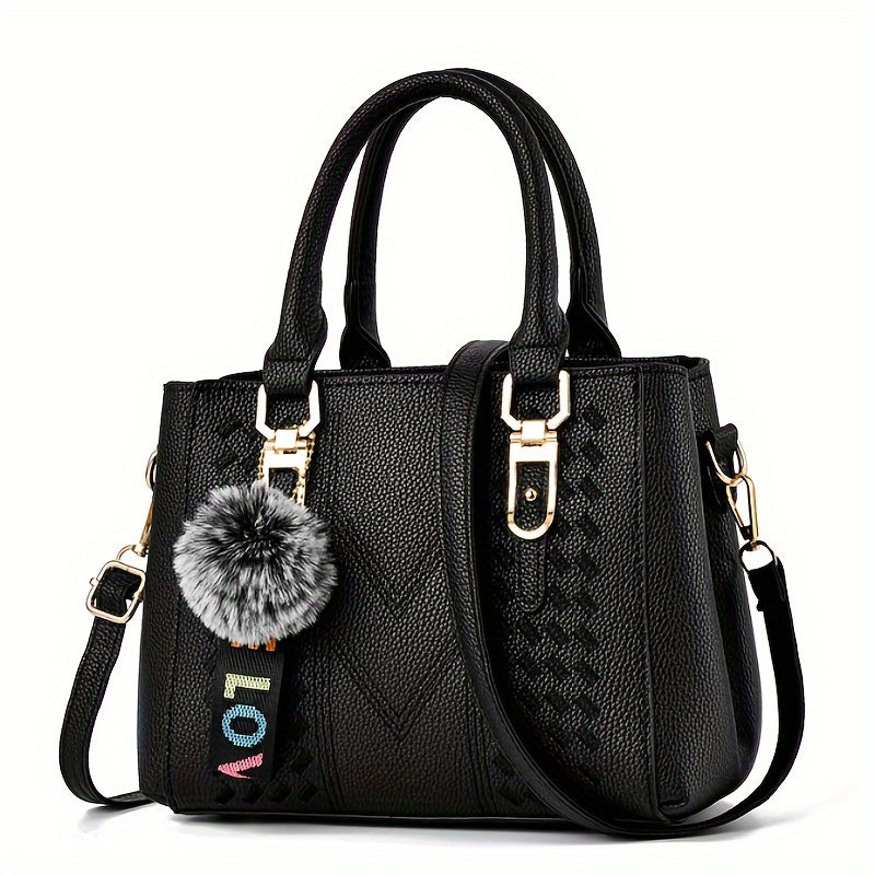 Luxury Pu Lady Leather Handbag, casual commuter shoulder straps, elegant satchel, with fur pendant