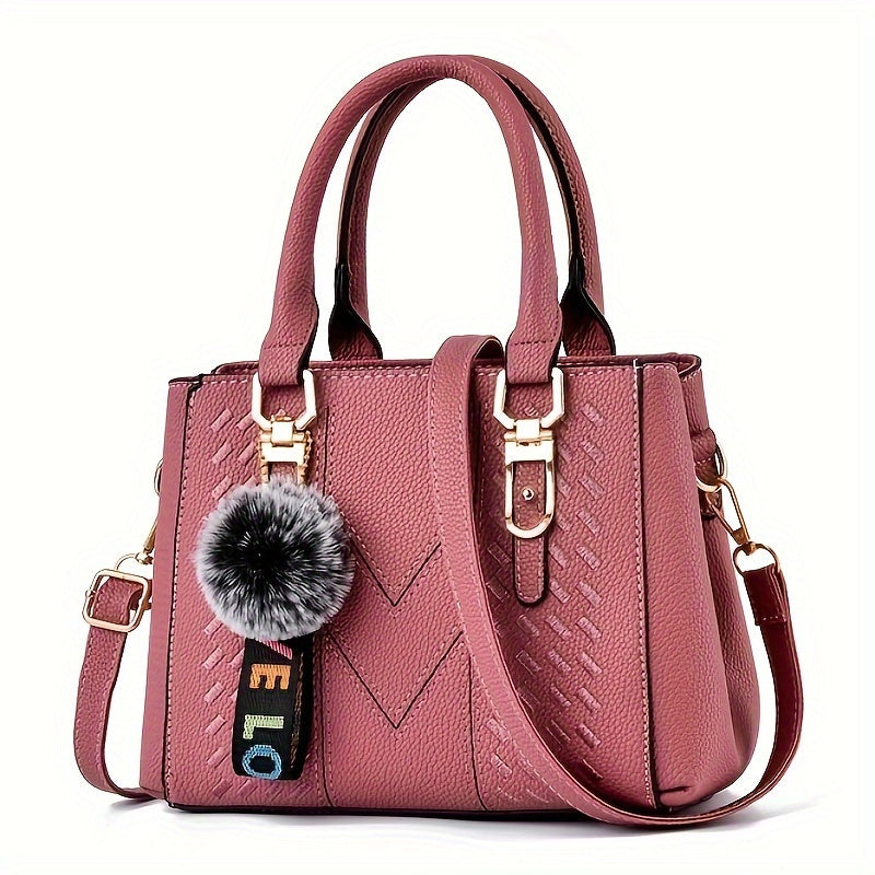 Luxury Pu Lady Leather Handbag, casual commuter shoulder straps, elegant satchel, with fur pendant