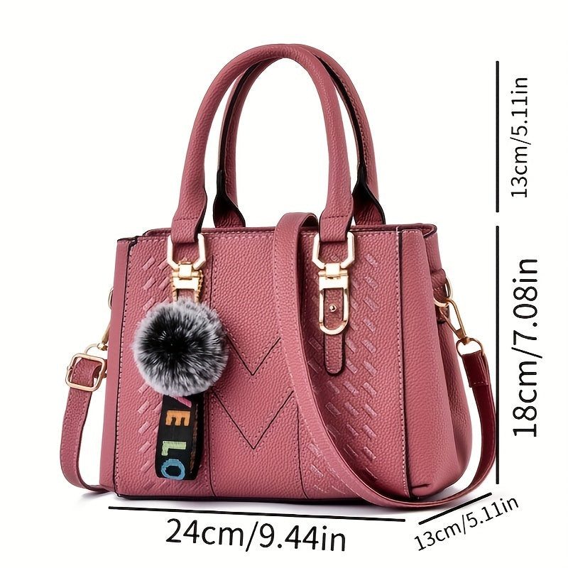 Luxury Pu Lady Leather Handbag, casual commuter shoulder straps, elegant satchel, with fur pendant