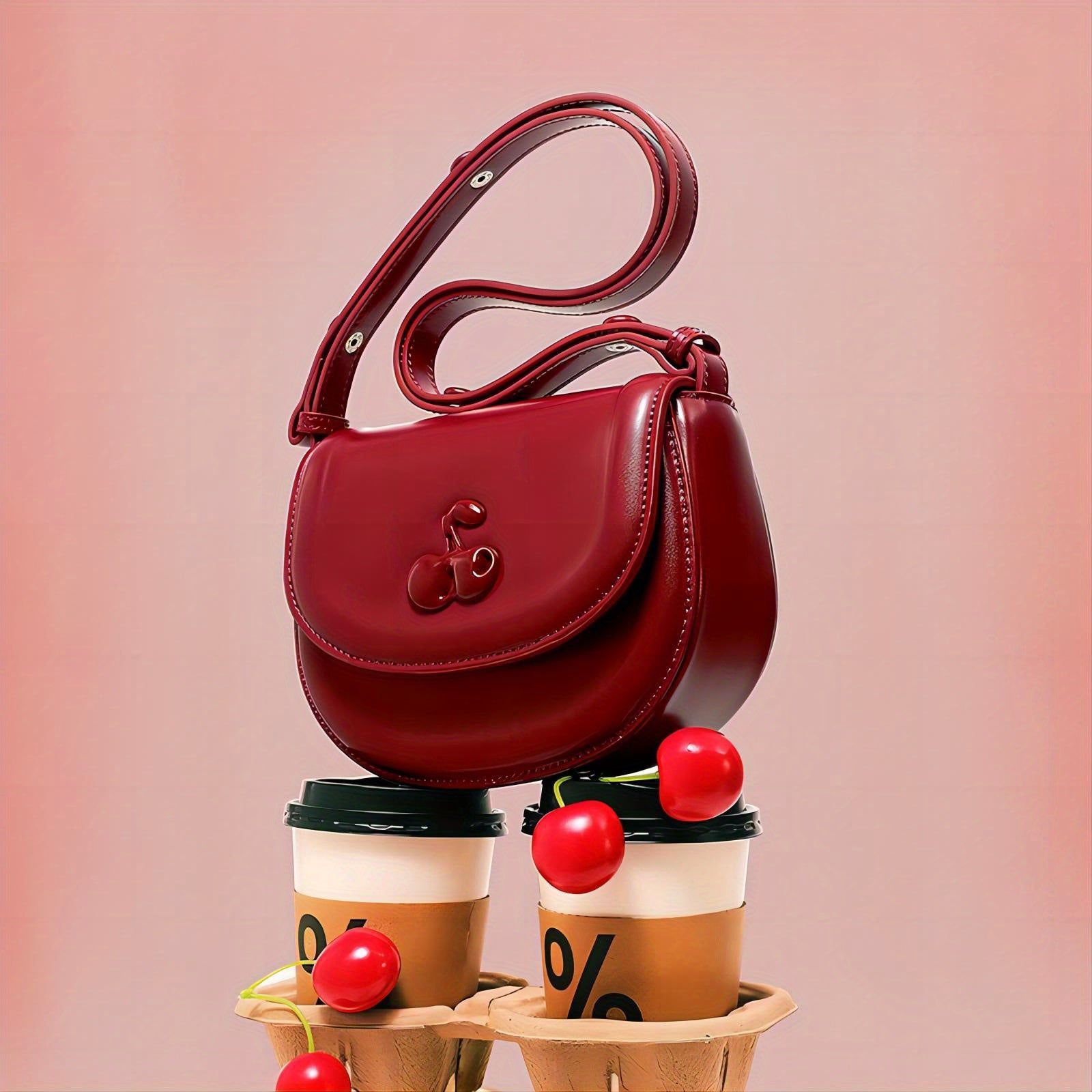 TOUTOU Original Cherry Small Square Bag, New Saddle Bag Original Design Cherry Premium Sense Shoulder Bag 40545