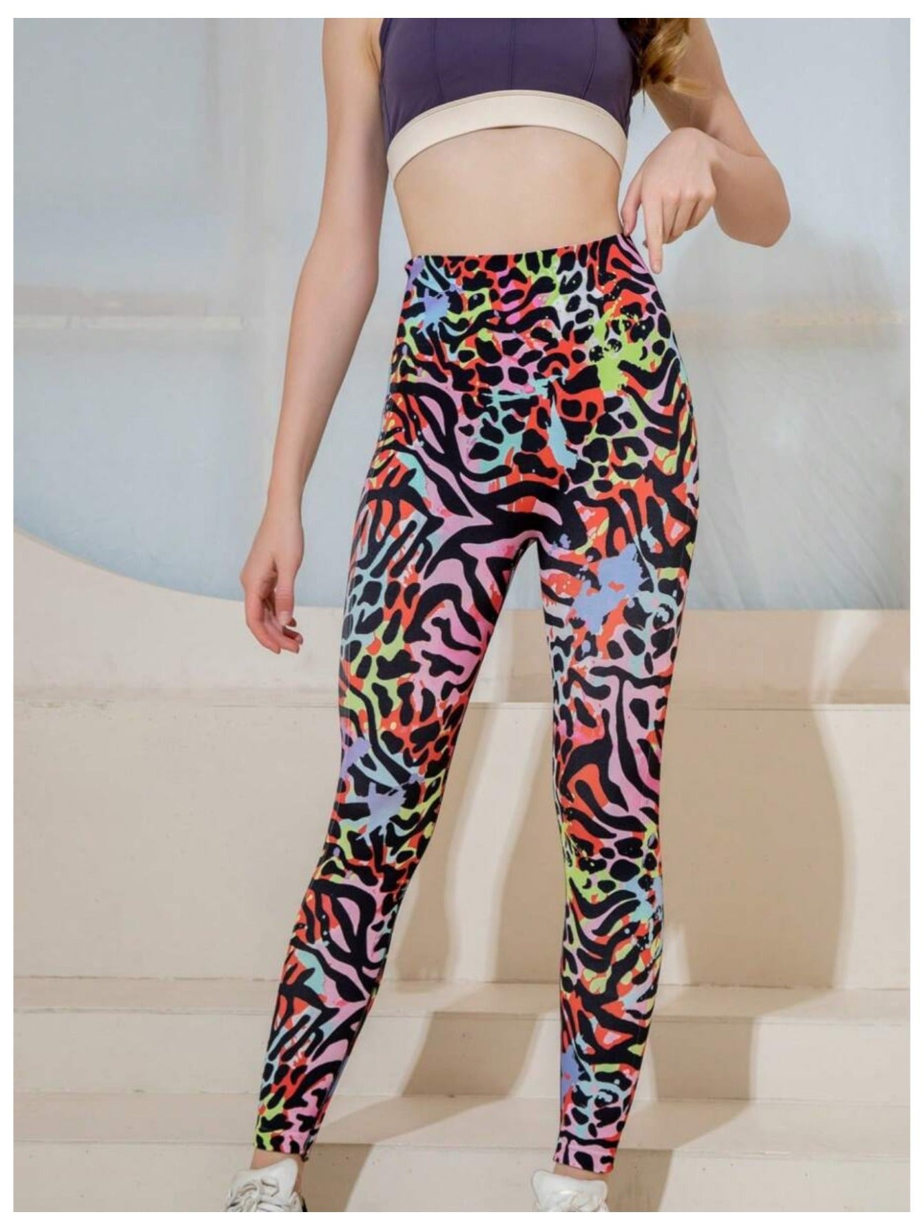 Women's High-waisted Control Tummy Compression Leggings, Color-blocked Printed Workout Yoga Pants