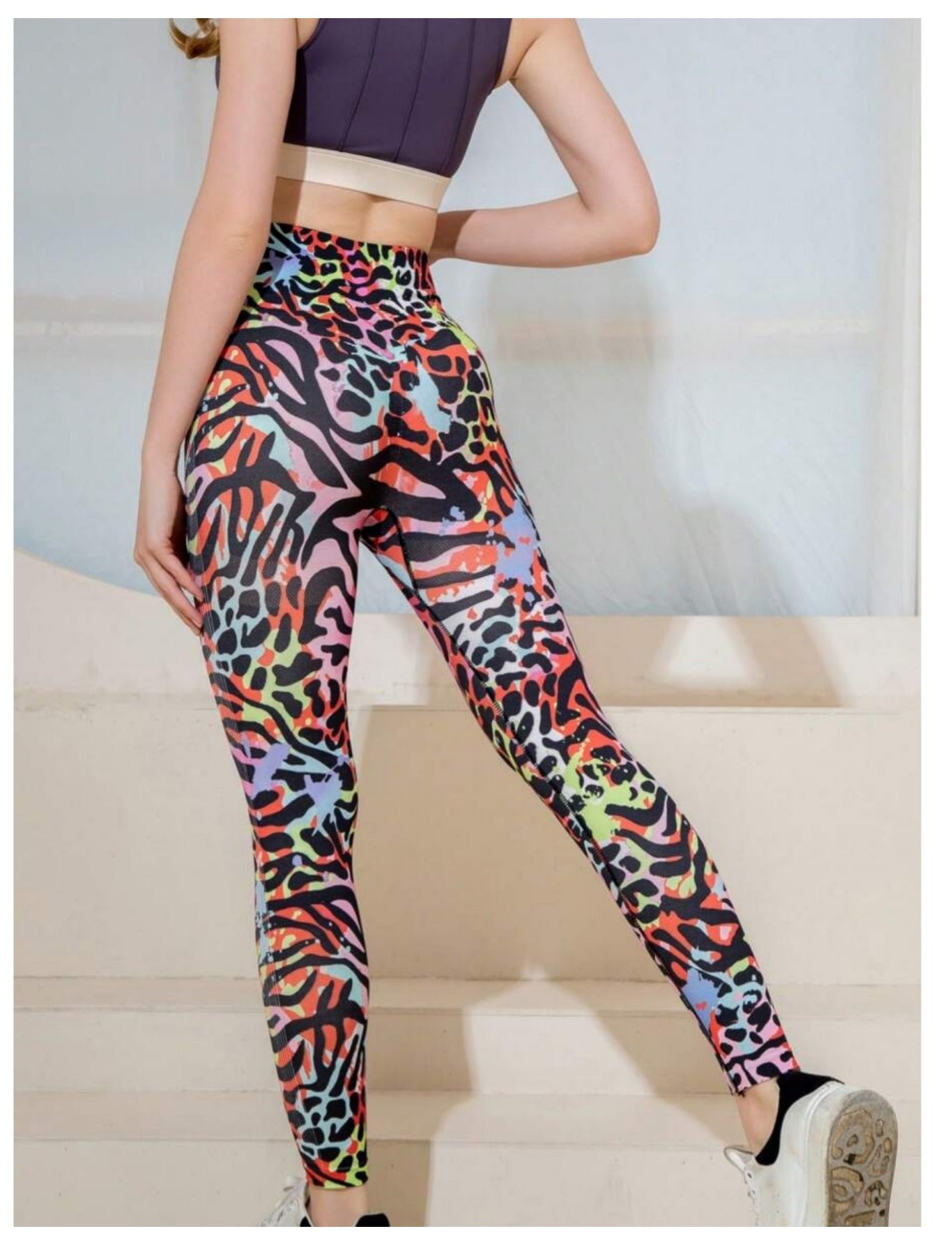 Women's High-waisted Control Tummy Compression Leggings, Color-blocked Printed Workout Yoga Pants