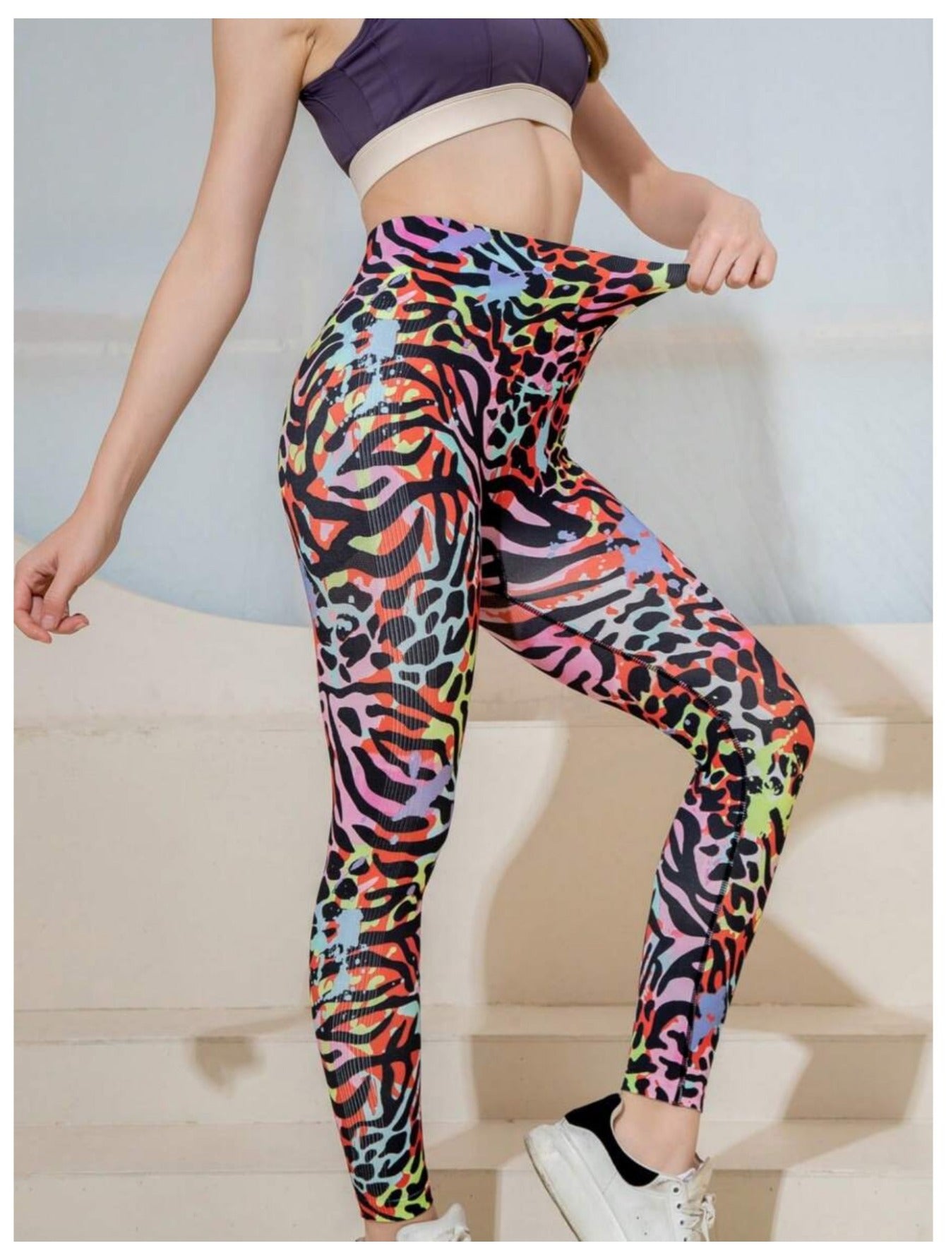 Women's High-waisted Control Tummy Compression Leggings, Color-blocked Printed Workout Yoga Pants