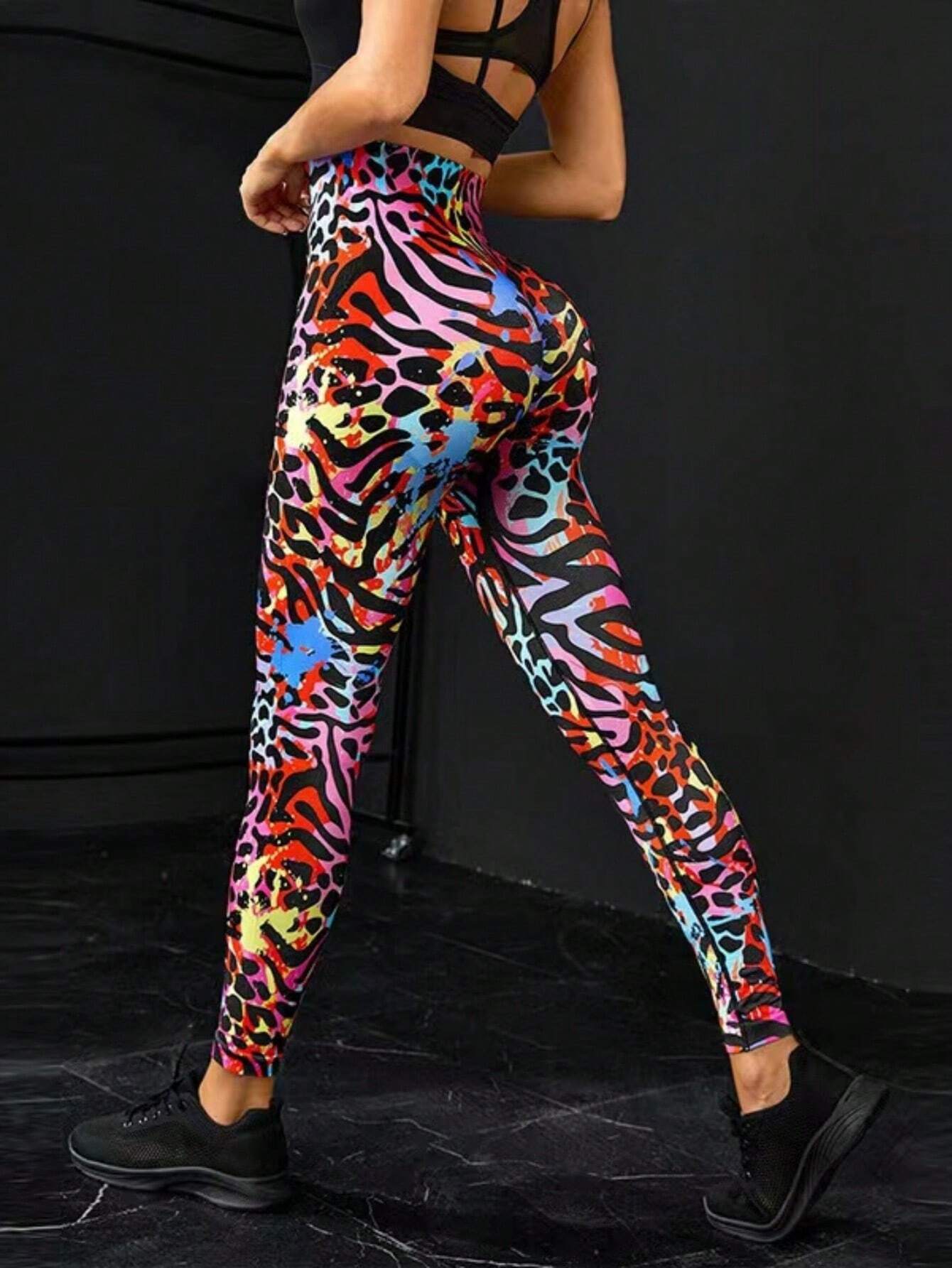 Women's High-waisted Control Tummy Compression Leggings, Color-blocked Printed Workout Yoga Pants