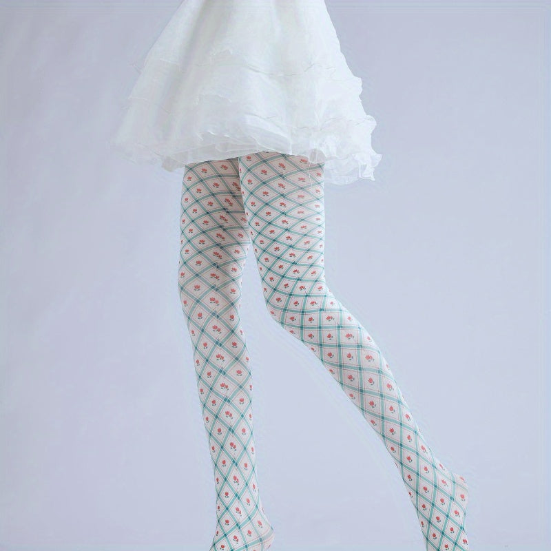 Chic Green Plaid & Floral Print Pantyhose, High-Waist Tights for Parties & Cosplay